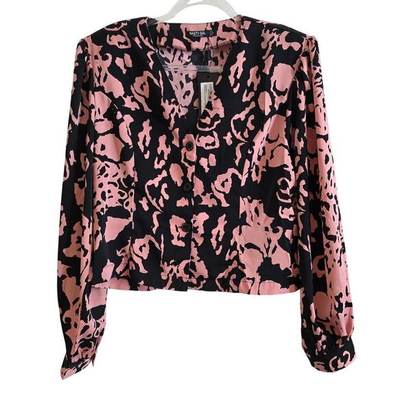 NWT Nasty Gal Abstract Print Blouse Pink boxy crop style loose fitted women Sz 4 - Picture 7 of 11